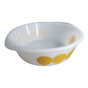 Vintage Glassbake J514 2-qt, White with Yellow/Gold Flower Medallion Pattern